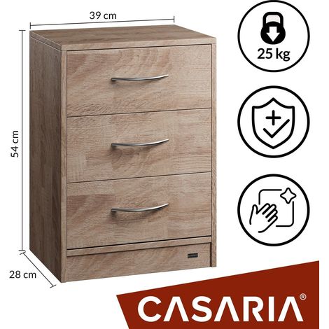 Bedside Table with 3 Drawers, Oak Finish, 54x39x28cm (1/5)