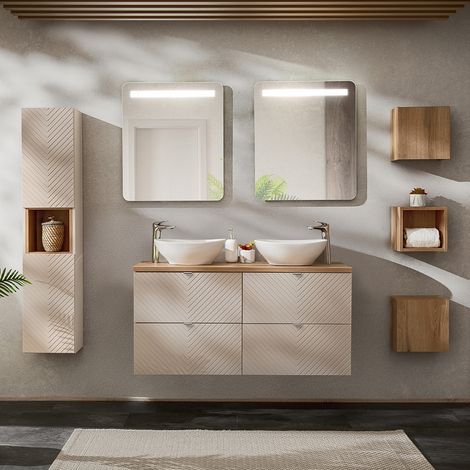 Conjunto de muebles doble lavabo 120cm espejos LED columna y 3 armarios de pared Manoa Cachemira y Madera
