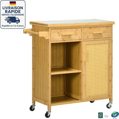 MODFU - Carrito de cocina 2 cajones 1 puerta 1 estante, mueble de almacenaje, 84×36×85cm, natural (1/5)