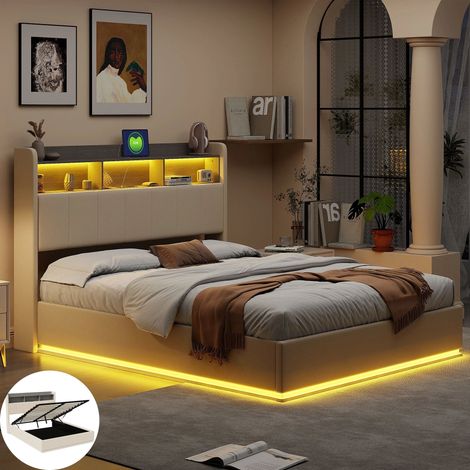 Lit coffre 140x190,Lit 140 x 190 avec sommier,Cadre de lit avec tête de lit USB et Rangement,LED intégrés,Lit double Velours,Blanc (1/5)