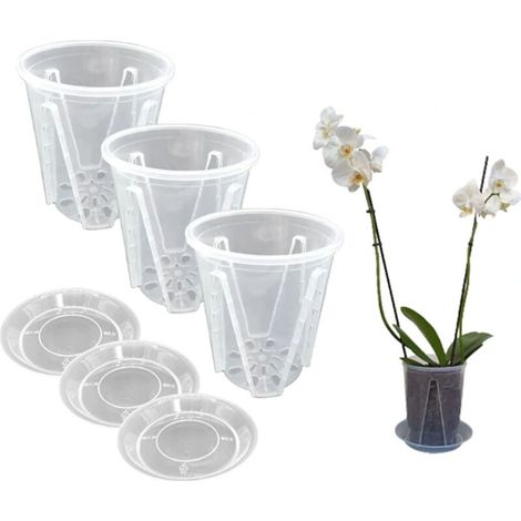 Set of 3 transparent rigid plastic orchid pots Diameter 16 cm