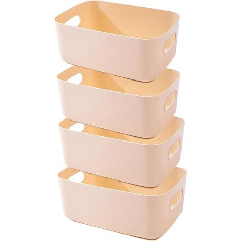 Lot de 4 paniers de rangement en plastique avec poignées, boîtes de rangement pour placard, conteneurs en plastique, organisateur de rangement pour cuisine salle de bain cosmétique (Beige, 20 × (1/4)