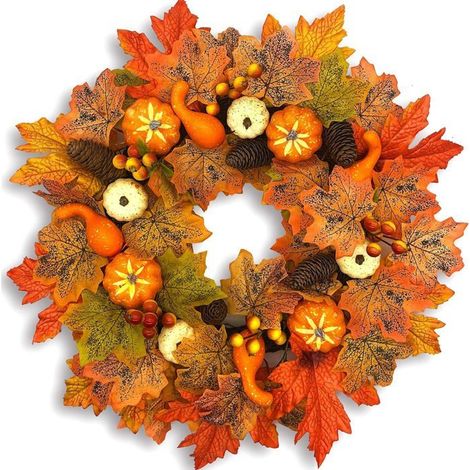 Couronne Artificielle 45cm Rotin Citrouille Baies Pommes De Pin Décoration Automne Hiver Halloween Thanksgiving Noël Porte Mur (1/5)