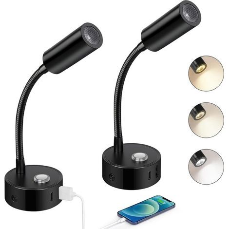 2pcs Lampes de lecture LED 12V pour camping-car, luminosité réglable par toucher 3000K-6000K, col de cygne flexible à 360° avec prises USB A+C pour bateau et caravane, noir (1/5)
