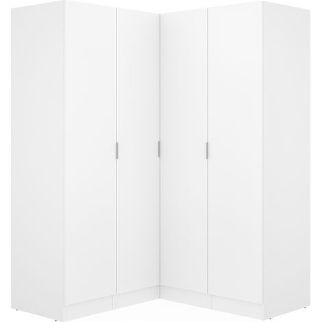 Armoire d'angle placard de rangement à 4 portes battantes, coloris Blanc - Hauteur 184 x Longueur 133 x Profondeur 131 cm (1/5)