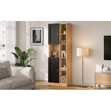 Armoire de cuisine d'angle anthracite et chêne en MDF avec 6 étagères ouvertes (1/5)