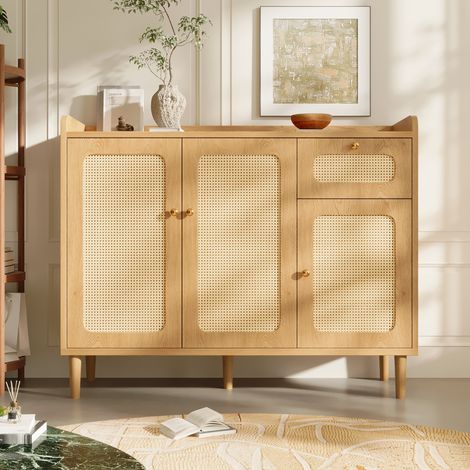 Aparador de 120 x 40 x 91 cm en ratán tejido, cómoda con efecto roble de 3 puertas y 1 cajón, aparador con bisagras de cierre suave, mueble multifuncional para salón, cocina o recibidor. (1/5)