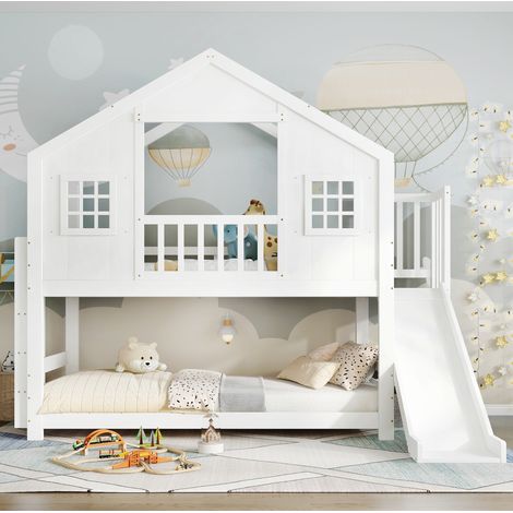Lit superposé en bois blanc 90x200 cm avec toboggan, escalier et tête de lit fenêtre/toit (1/5)