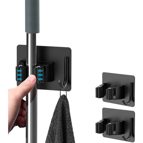 MINKUROW 2 Piezas Soporte Para Escoba, Autoadhesivo Montado En La Pared Soporte Para Escoba Sin Taladrar, Soporte Para Fregona Con Ganchos Para Cocina Baño Jardín Negro (1/5)