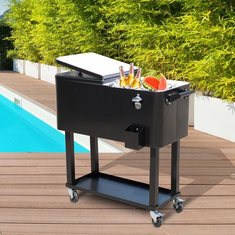 Refrigeratore per bevande in acciaio inox con ruote, apribottiglie e scarico, per patio e giardino, 75,7 L, nero.