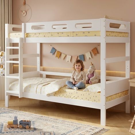 Etagenbett 90x200cm mit Leiter und Absturzsicherung, platzsparendes Doppelstockbett für Kinderzimmer, stabiles Holzbett inkl. Lattenrost, Weiß (1/5)