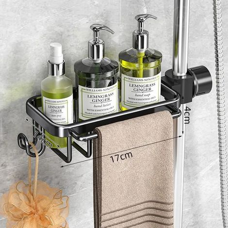 (2-Noir) Étagère de salle de bain sans perçage, en aluminium, à suspendre au mur. (1/5)
