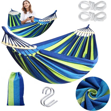REA – Hamac bleu avec barre transversale – Polyester et polycotton – Longueur 200 cm, largeur 90 cm – Charge maximale 200 kg (1/5)