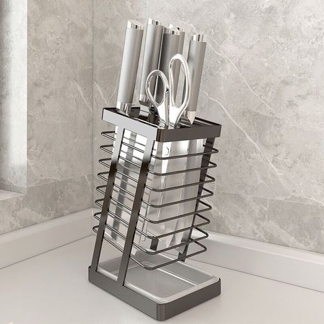 Porte-couteaux creux en acier inoxydable 304, support de rangement pour couteaux de cuisine avec bac de vidange, fente pour ciseaux, porte-couteaux universel, noir (1/4)