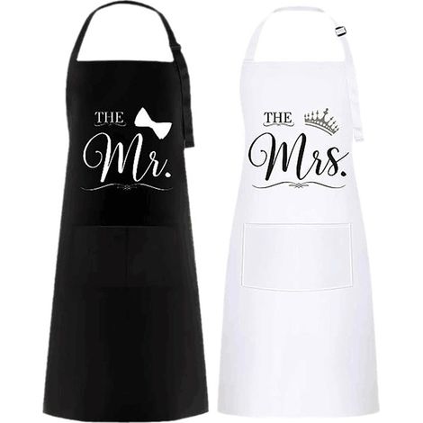 Set di 2 grembiuli da cucina "Mr & Mrs", impermeabili, regolabili e con 2 tasche, ideali come regalo di coppia per anniversario, matrimonio, San Valentino, festa del papà, festa della mamma (bianco e 