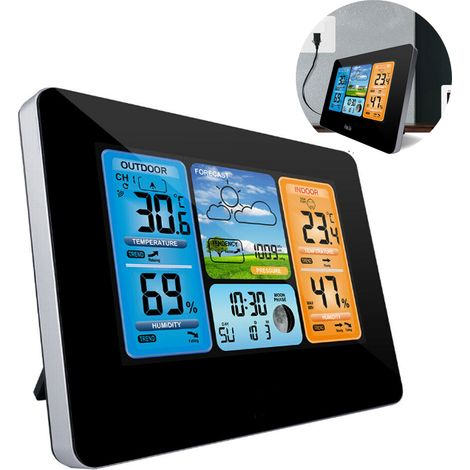 Station Météo Sans Fil - Écran LCD 6,5 Pouces - Capteur Extérieur Inclus - Thermomètre Hygromètre Baromètre - Prédiction Météo 8h - Horloge Avec Réveil Et Fonction Snooze
