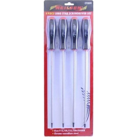 Lot de 4 tournevis Torx extra longs CT2899, tailles T15 T20 T25 T30, longueur 350 mm, argent résistant (1/2)