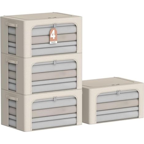 Lot de 4 bacs de rangement pour vêtements – Boîte de rangement pliable et empilable en tissu Oxford avec fenêtre transparente, poignées de transport et fermetures éclair (beige, 50 x 40 x 20,3 cm) (1/5)