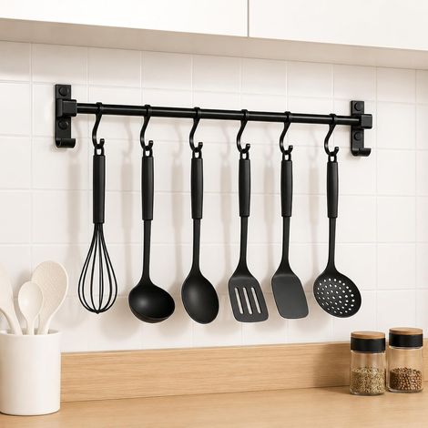 Patère de cuisine 40 cm en aluminium sans perçage avec crochet noir robuste pour ustensiles de cuisine Barre suspendue peu encombrante moderne (1/5)