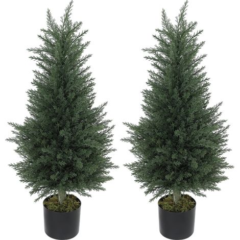 Lot de 2 cyprès artificiels UV résistants avec 362 feuilles en plastique, pot inclus, vert (1/5)