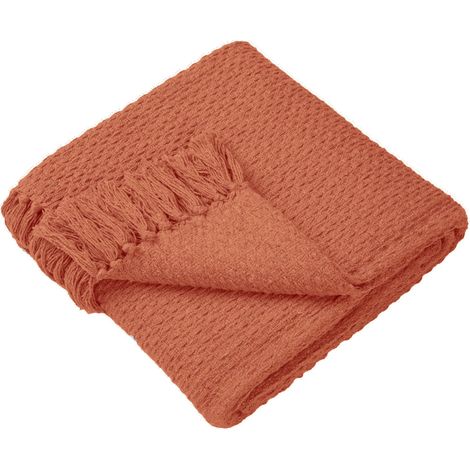 Jeté en Terre Cuite avec Pompons (180 × 130 cm) – Plaid tissé Durable en Coton recyclé – Jeté texturé pour canapé Terracotta – Grande Couverture décorative Orange pour lit ou Sofa (1/4)