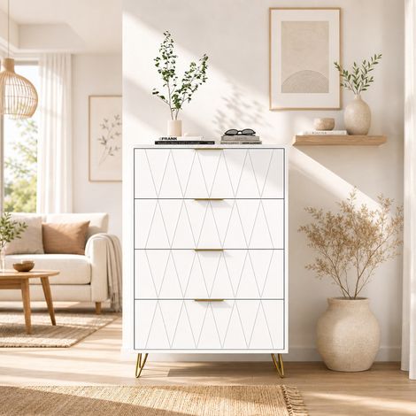 Commode 4 tiroirs 60x34x90cm, meuble de rangement blanc avec pieds dorés, design moderne, capacité 50KG, dispositif anti-bascule