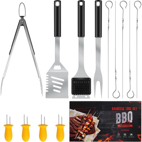 Accessoires de Barbecue en Acier Inoxydable avec spatule, Fourchette, Pince à Barbecue, Broche, Porte-épis maïs Silicone, Coffret Cadeau pour Homme et Femme - 13PCS (1/5)