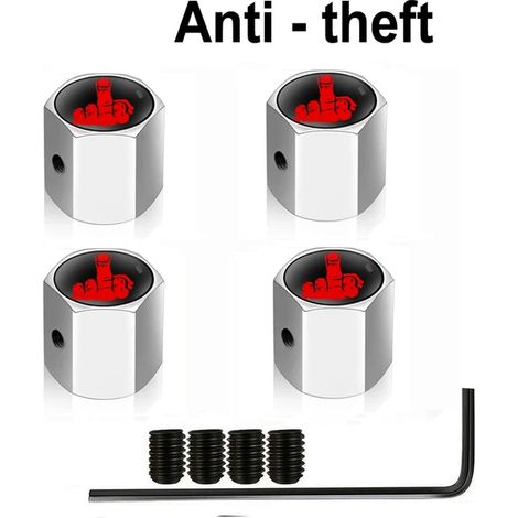 (Doigt-Argent-Rouge) 4 bouchons de valve antivol pour pneus de voitures, camions et motos. Bouchon de valve en forme de doigt central, joint étanche à la poussière et fermeture hermétique. (1/5)