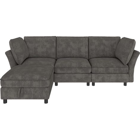 Sofa modulaire d'angle en L 4 places avec pouf de rangement, tissu chenille gris, assise confortable (1/5)