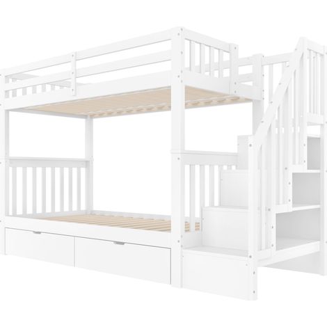 Lit superposé 90x200 cm bois blanc avec escalier, étagères, tiroirs et barrières sécurité