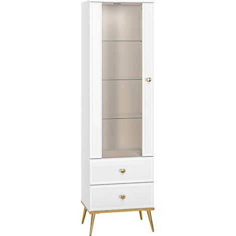 Selsey DARRBY - Vitrine haute - 1 porte et 2 tiroirs LED - blanc avec pieds dorés