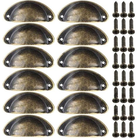 Lot de 12 poignées de tiroir vintage en métal, finition laiton antique, 8135 mm, bronze, pour meubles (armoires, commodes, tiroirs de cuisine). (1/5)