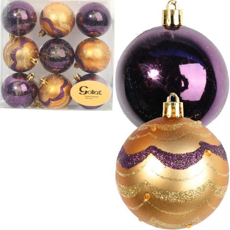 Set mit 9 lila-goldenen Weihnachtskugeln aus Kunststoff mit Glitzerverzierung, 6 cm (1/5)