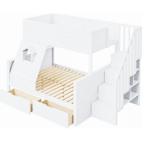 Lit superposé pour enfants, avec échelle de sécurité, tiroirs et fenêtre lit supérieur 90 x 200, lit inférieur 140 x 200 cadre robuste en bois massif, idéal pour une chambre d’enfant. (1/5)
