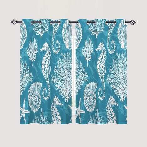 Rideau Occultant Océan Hippocampe Coraux Tenture Opaque à Oeillets Draperies Intérieurs Rideau Thermique Isolant pour Maison Chambre Salon Fenetre 2 Pièces L 60 x H 90 cm - 60L X 90H cm (2 Panneaux) (1/5)