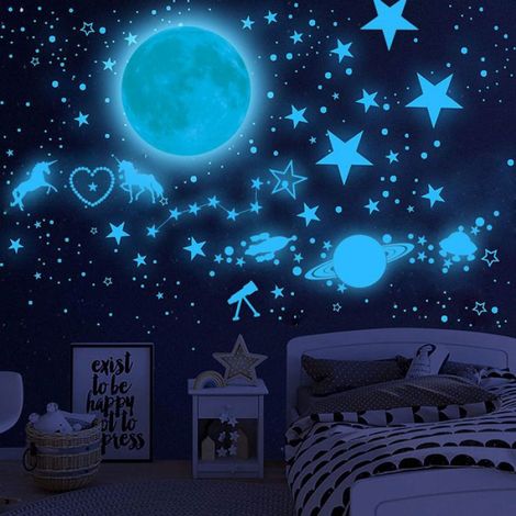 20cm Cyan Moon + 898 Pièces Lumineuses Combinaison Stickers Muraux Stickers Muraux Enfants Lune Et Étoiles (1/3)