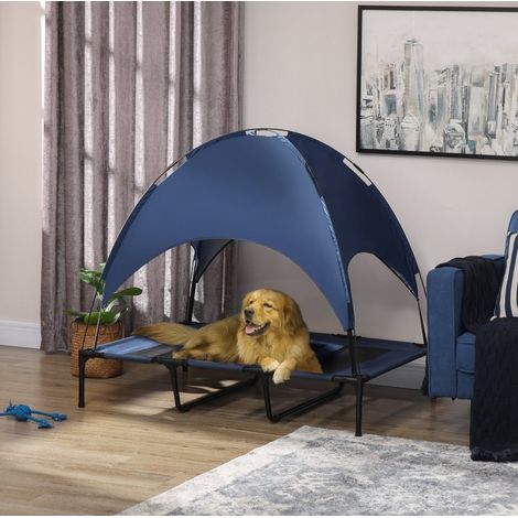 Cama elevada para perro de exterior con toldo, plegable, 122 x 92 x 108 cm, azul oscuro HAVRYA (1/4)