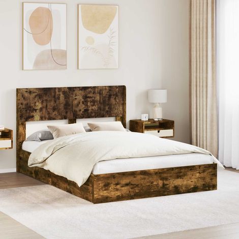 vidaXL Estructura de cama con almacenamiento y cabecero Roble Ahumado (1/5)