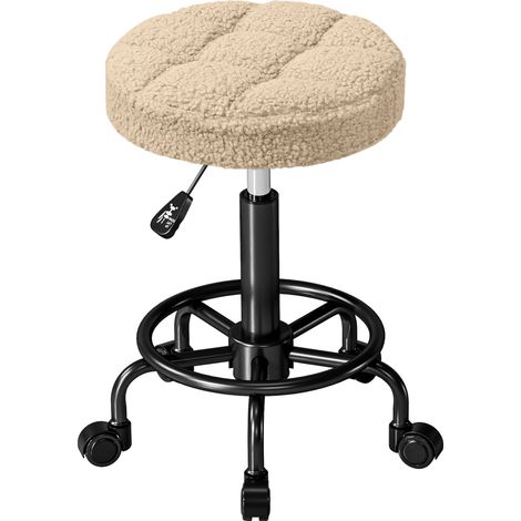 Tabouret pivotant rond à roulettes, hauteur réglable de 50 à 66 cm, assise revêtue de tissu imitation peau de mouton marron (1/5)