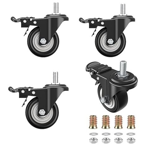 4 Piece Caster Office Chair, M10 x 25 mm Heavy Load Silent Swivel Castors with 2 Brakes, 50 mm Furniture Caster 360 Degree for Appliances and Furniture, Rubber (1/5)