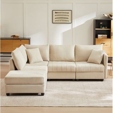 Sofá esquinero modular 5 plazas convertible con puff, beige DESVIAE (1/5)