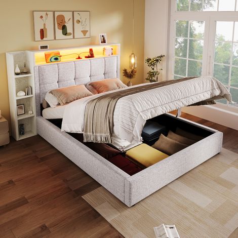 Polsterbett mit Stauraum 90x200 Leinen Beige LED OKMYHOME (1/5)