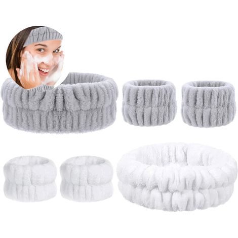 6 Spa Wash Wristbands, Absorbent Makeup Wristbands, Elastic Facial Wash Headband (White, Grey)