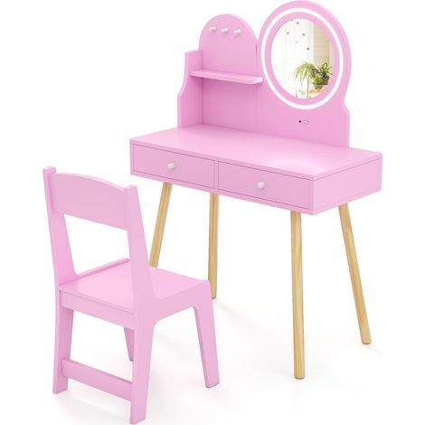 COSTWAY Princess Makeup Dressing Desk and Chair Set Kids Vanity Set-Pink (1/5)