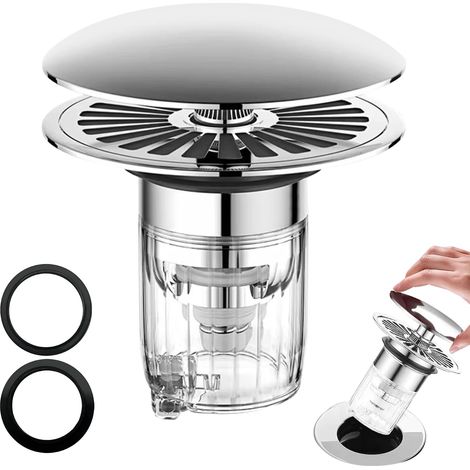 Tapón de lavabo de cobre macizo de 1 pieza, tapón de desagüe universal emergente, tapón de desagüe mejorado, filtro de desagüe antibloqueo, con filtro de malla, para bañera, cocina, lavabo (34-40 mm). (1/5)