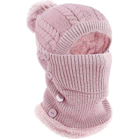 Ensemble bonnet et cache-cou tricotés chauds d'hiver avec pompon en fausse fourrure - Rose (56-58 cm) (1/5)