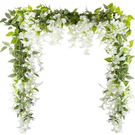 Guirlande artificielle - Belles fleurs de glycine en soie - Blanc - Facile à installer - 2pcs (1/4)
