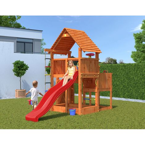 Fungoo Spielturm "Big Leader", teak, mit Rutsche, Leiter, Kletterwand, Holzdach, Kletterseil und Sandkasten