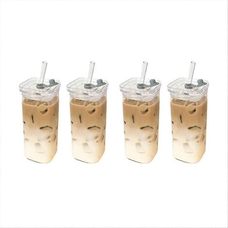 Quadratisches Kaffeeglas mit Deckel und Strohhalm, 2er-Set, 350 ml, ideal für heiße und kalte Getränke, modernes Design, hitzebeständig, für den täglichen Gebrauch und auf Reisen. (1/5)