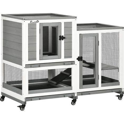 Luxuriöser Kaninchenstall aus Holz für den Innenbereich mit 3 Ebenen und 3 herausnehmbaren Schalen, 110 x 50 x 86 cm, grau